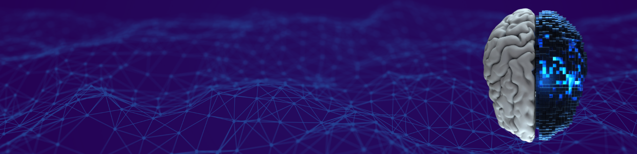 A purple graphic with a brain in stylized halves: one looks similar to a human brain, and the other half is digitalized squares in varying colors.
