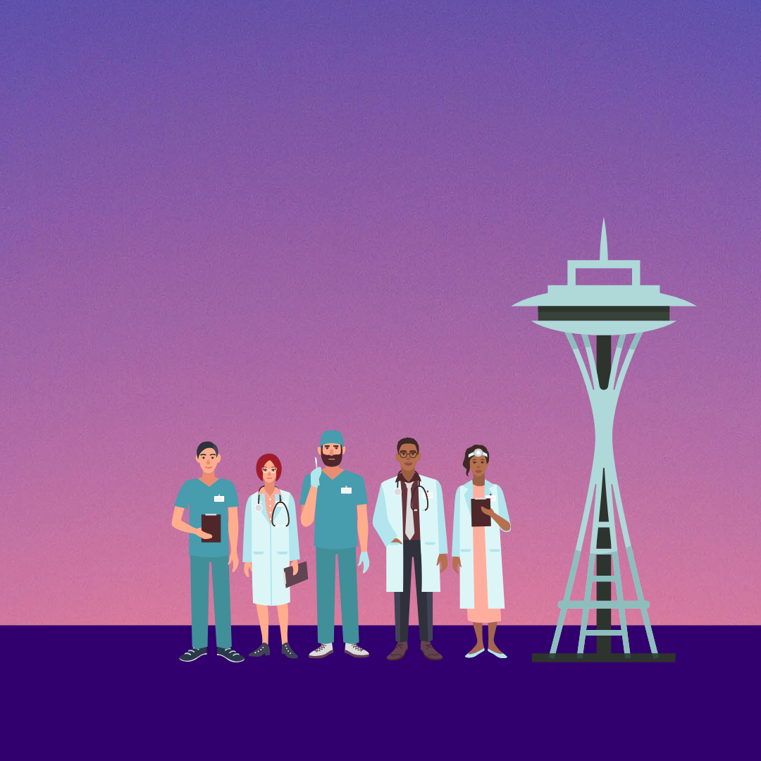 A purple graphic highlighting a group of cartoon physicians underneath the Space Needle.