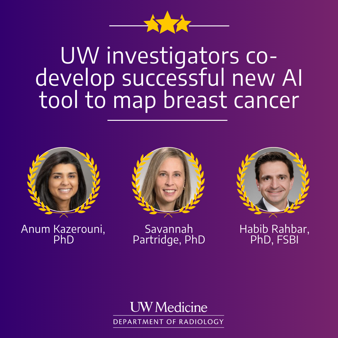 A purple and gold graphic with text that reads: UW investigators co-develop successful new AI tool to map breast cancer. The image features images of Dr. Anum Kazerouni, Dr. Savannah Partridge and Dr. Habib Rahbar.
