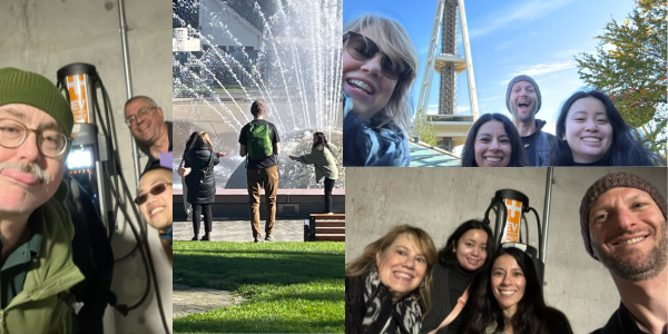 A collage of photos of the Education Team participating in the scavenger hunt at the Seattle Center.