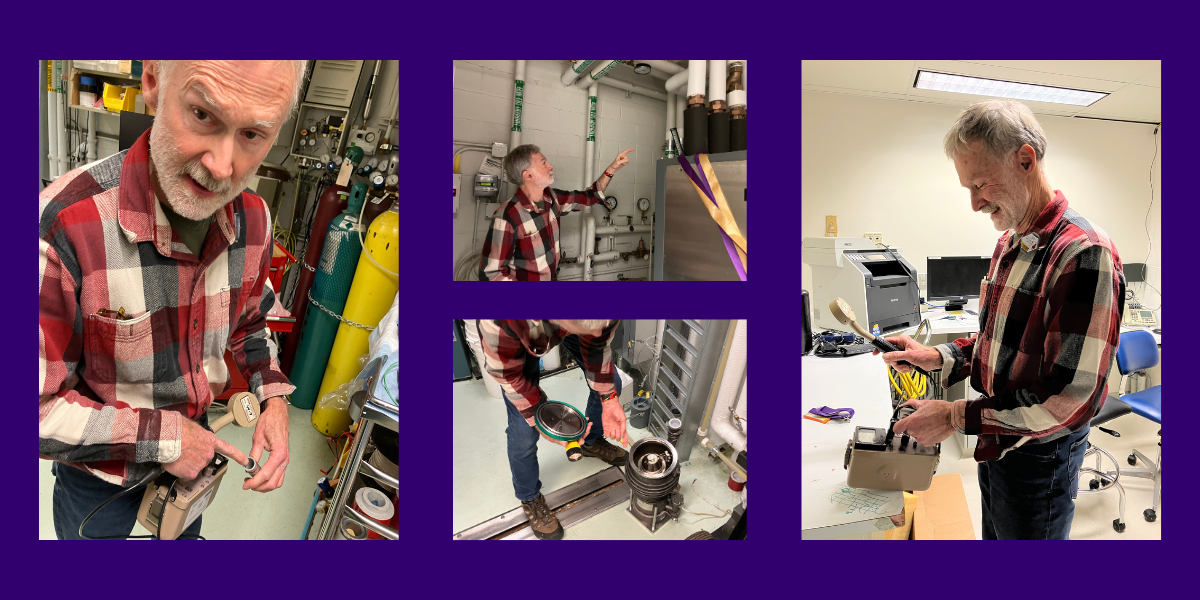A collage of photos featuring Eric Shankland displaying equipment used to run the cyclotron.