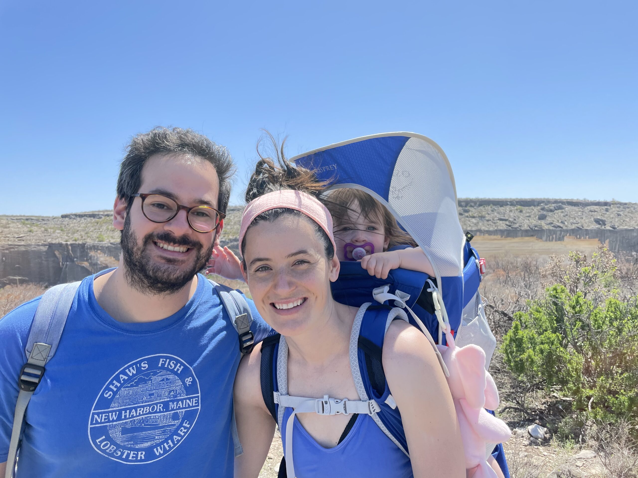 Matt Perez hiking with his wife, and daughter.