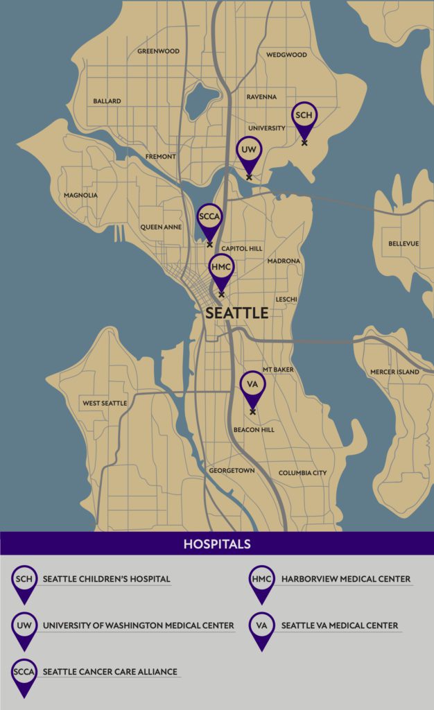 Map of greater Seattle area with hospital locations.